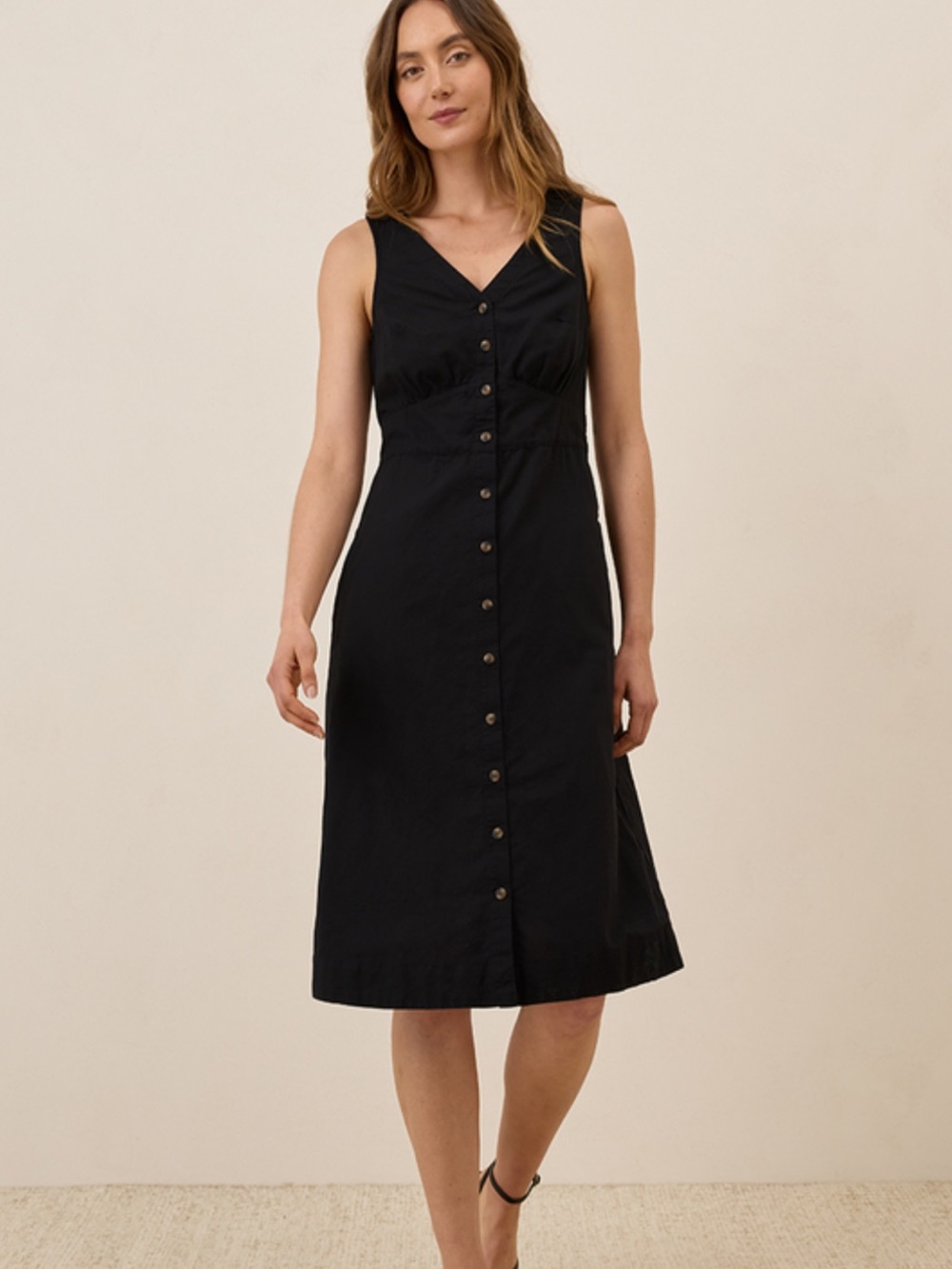 V-Neck Sleeveless Button-Front Midi Dress in Black